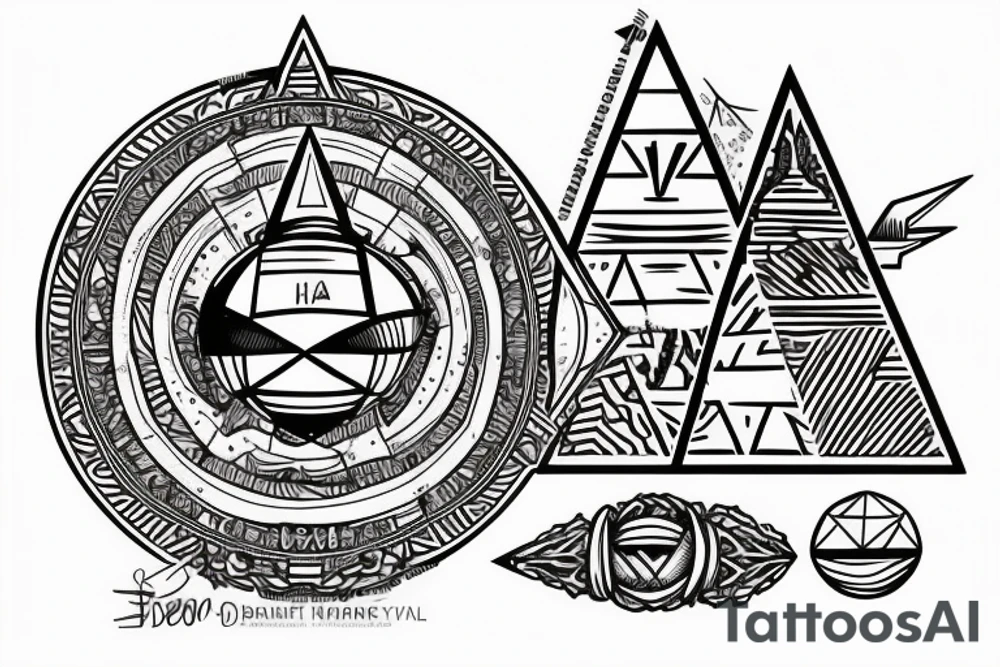 symmetrical sphere above a pyramid of equal height with a horizontal bar behind orient like DEO sideways tattoo idea