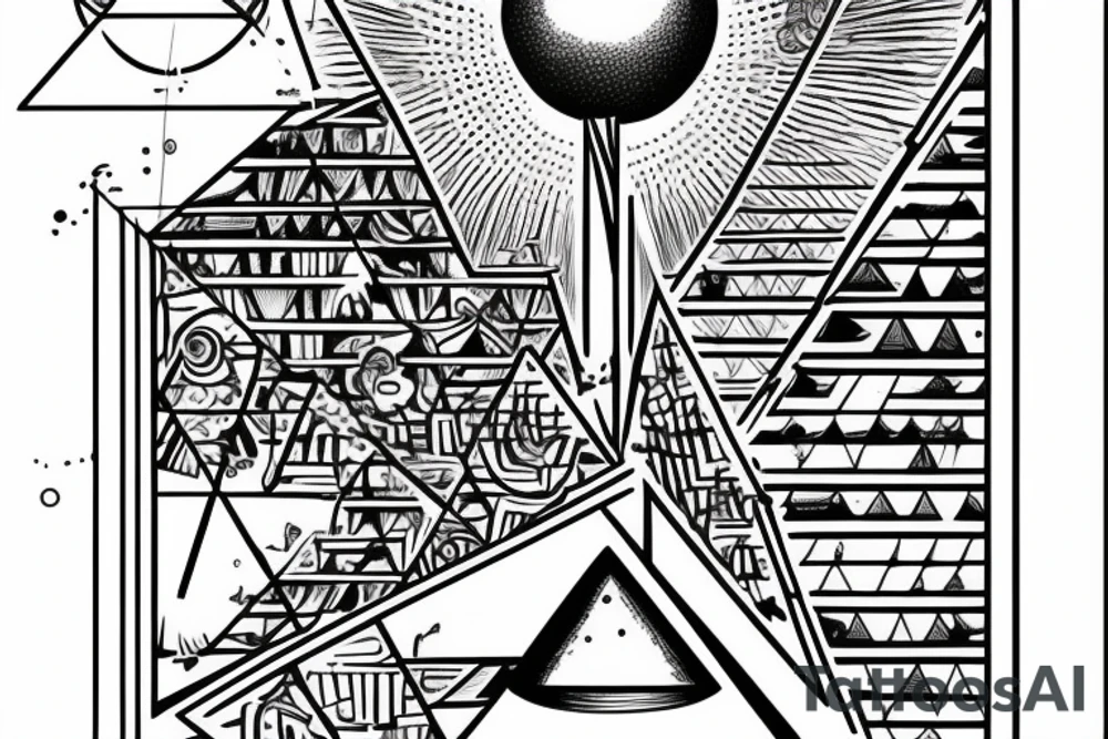symmetrical sphere floating above a pyramid of equal height in front of  a horizontal bar  
orient like DEO sideways tattoo idea