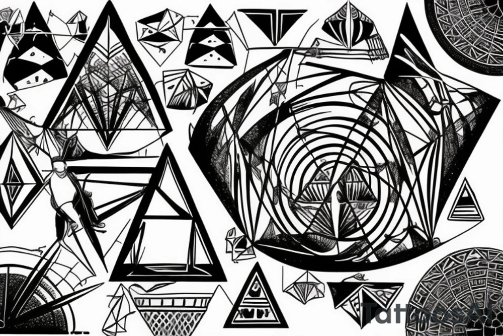 symmetrical sphere floating above a pyramid of equal height in front of  a horizontal bar  
orient like DEO sideways tattoo idea