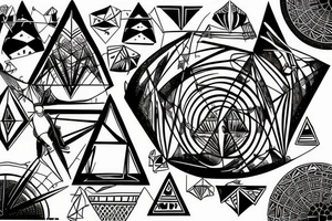 symmetrical sphere floating above a pyramid of equal height in front of  a horizontal bar  
orient like DEO sideways tattoo idea