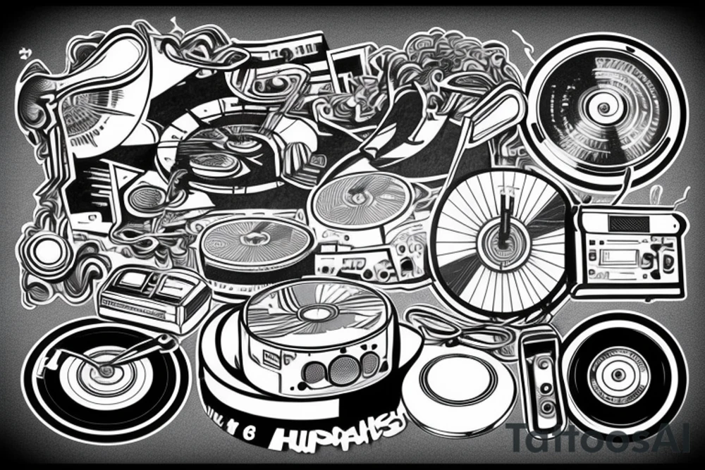 hip-hop music , turntables , speakers , 808 text tattoo idea