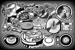hip-hop music , turntables , speakers , 808 text tattoo idea