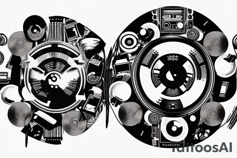 hip-hop music , turntables , speakers , 808 text tattoo idea