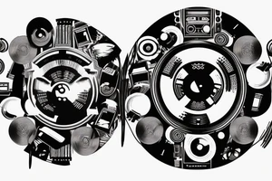 hip-hop music , turntables , speakers , 808 text tattoo idea