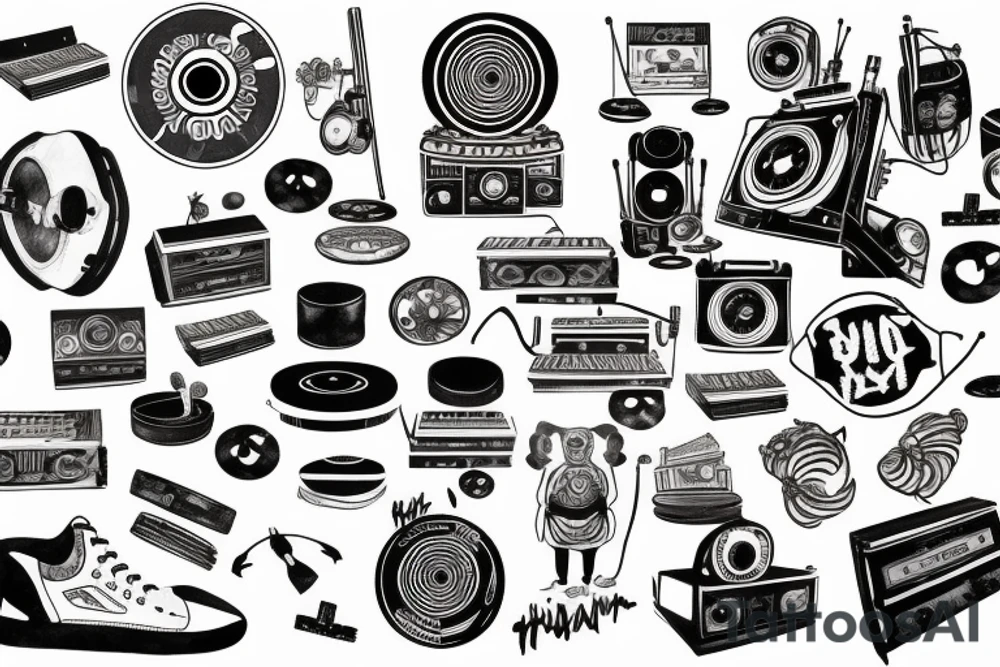 hip-hop music , turntables , speakers , 808 text tattoo idea
