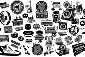 hip-hop music , turntables , speakers , 808 text tattoo idea