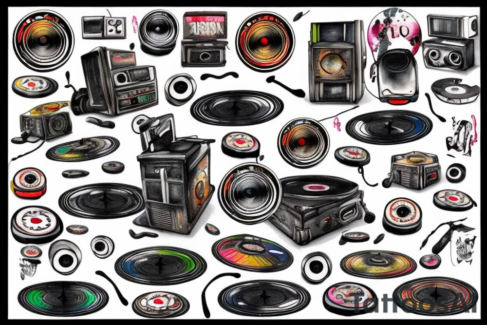 hip-hop music , turntables , speakers , 808 text tattoo idea