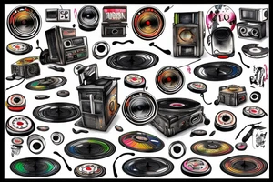 hip-hop music , turntables , speakers , 808 text tattoo idea