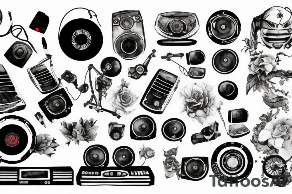 CDJ , speakers , 808 text tattoo idea