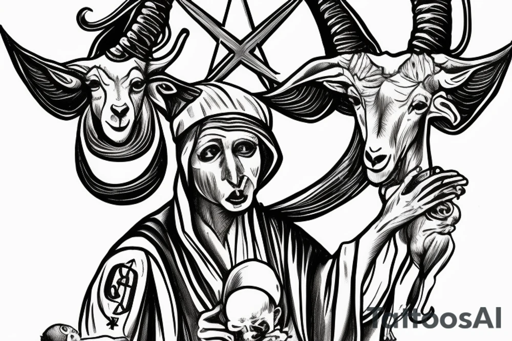 Satanic goat in the catholic pope attire, holding a 3 eyed baby jesus tattoo idea