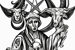 Satanic goat in the catholic pope attire, holding a 3 eyed baby jesus tattoo idea