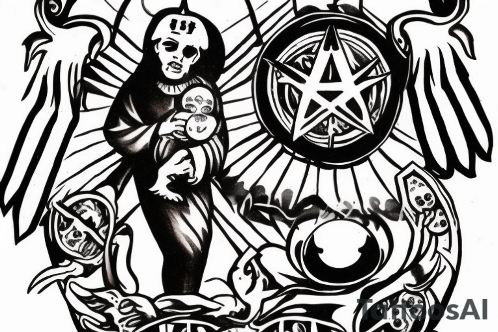 Satanic goat in the catholic pope attire, holding a 3 eyed baby jesus tattoo idea