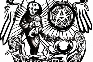 Satanic goat in the catholic pope attire, holding a 3 eyed baby jesus tattoo idea