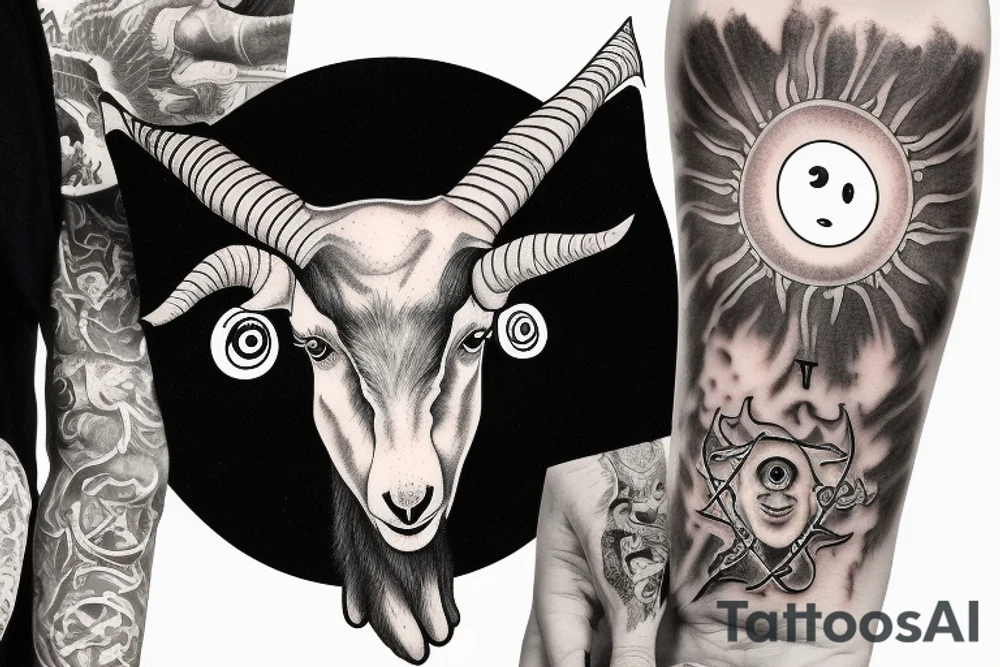 Satanic goat in the catholic pope attire, holding a 3 eyed baby jesus tattoo idea