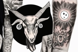 Satanic goat in the catholic pope attire, holding a 3 eyed baby jesus tattoo idea