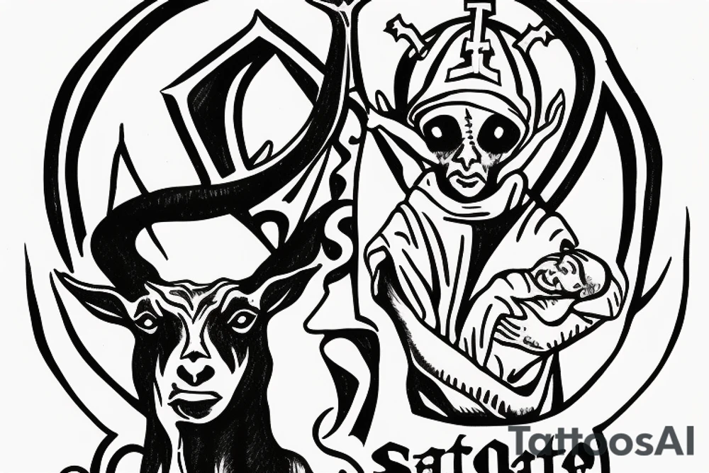 Satanic goat in the catholic pope attire, holding a 3 eyed baby jesus tattoo idea