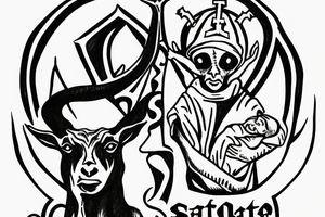 Satanic goat in the catholic pope attire, holding a 3 eyed baby jesus tattoo idea