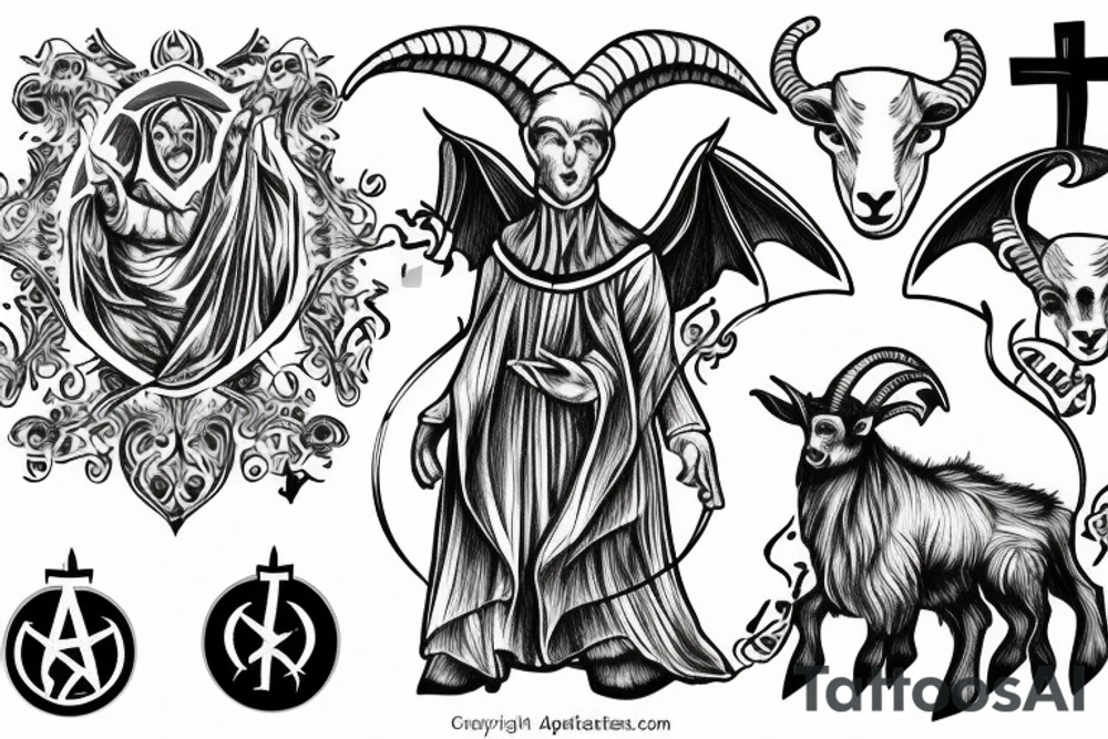 Satanic goat in the catholic pope attire, holding a baby tattoo idea