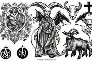 Satanic goat in the catholic pope attire, holding a baby tattoo idea