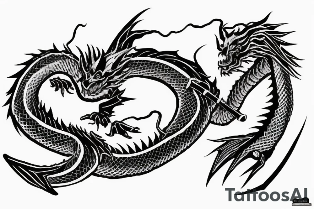Dragon coiling around a katana tattoo idea