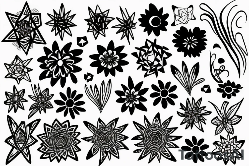geometric flowers minimalism, psychedelic, black and white tattoo idea