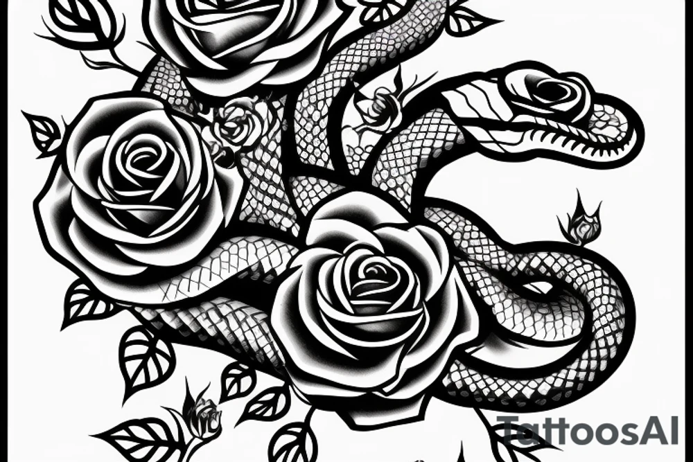 a snake with open mouth arround a rose with thorns tattoo idea