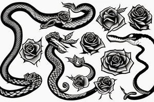 a snake with open mouth and a rose with thorns tattoo idea