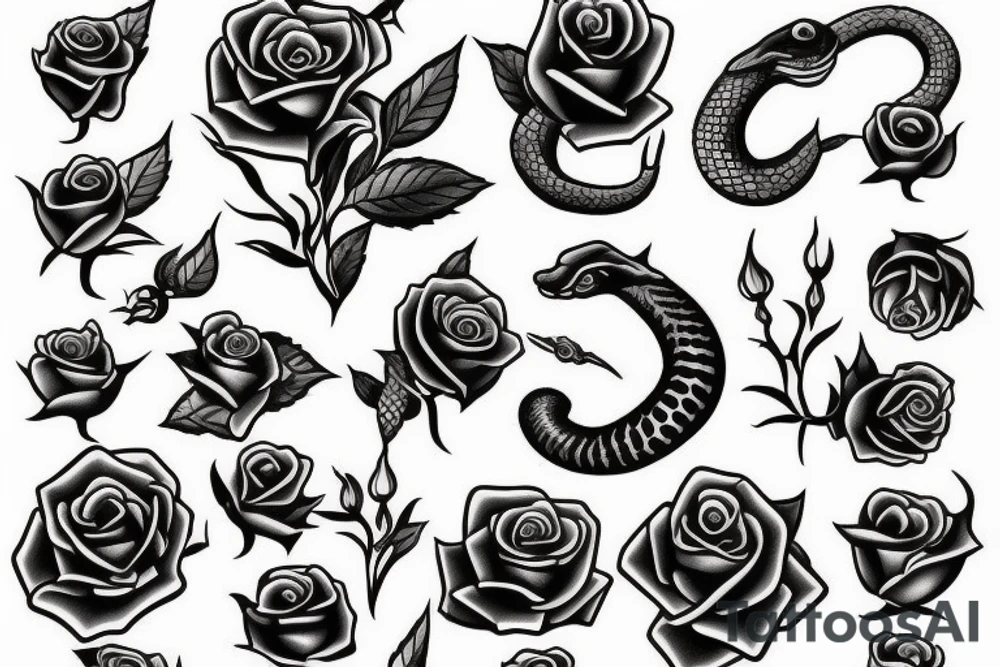a snake with open mouth and a rose with thorns tattoo idea