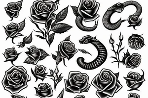 a snake with open mouth and a rose with thorns tattoo idea