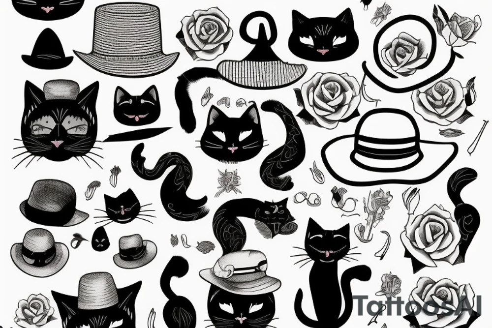 black cat with straw hat tattoo idea