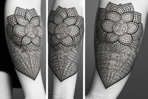 geometric three flowers minimalism, psychedelic, black and white tattoo idea