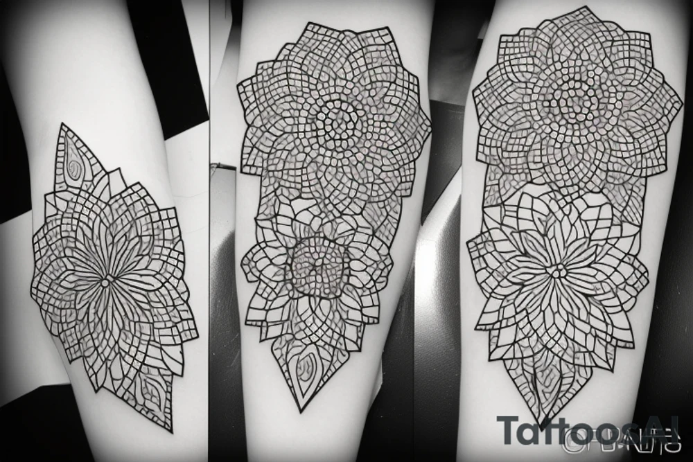 geometric three flowers minimalism, psychedelic, black and white tattoo idea