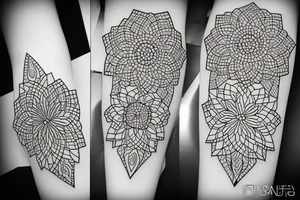 geometric three flowers minimalism, psychedelic, black and white tattoo idea