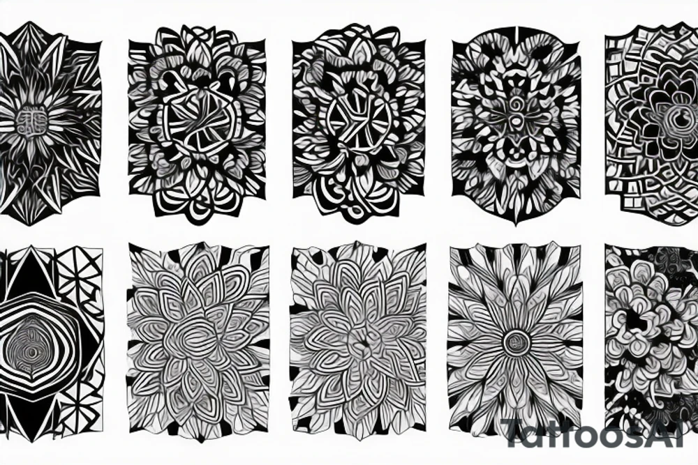 geometric three flowers minimalism, psychedelic, black and white tattoo idea