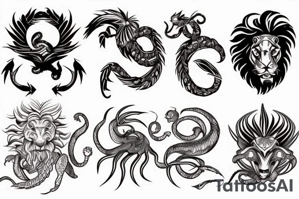 Scorpion and Lion and Fish tattoo idea
