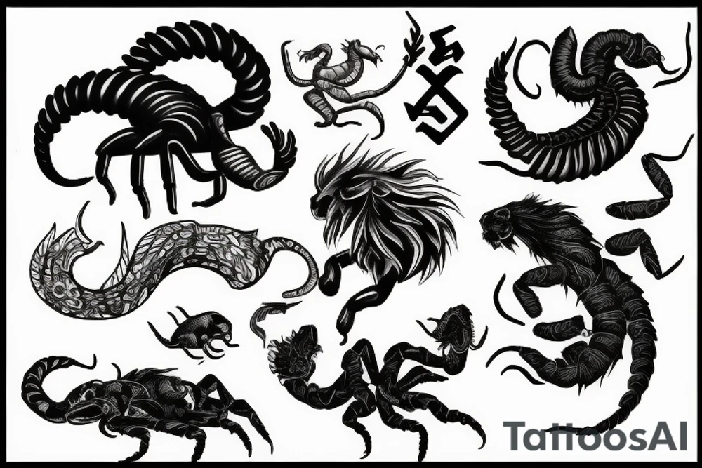 Scorpion and Lion and Fish tattoo idea
