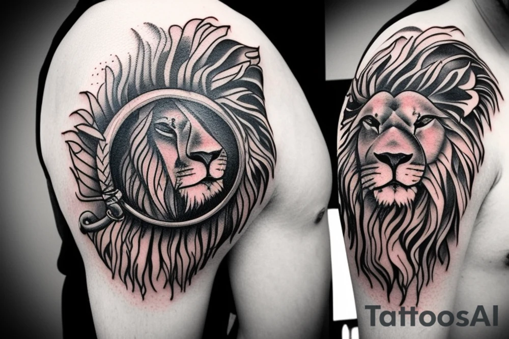 Lion and sail ship with watch and cloud for shoulder. tattoo idea