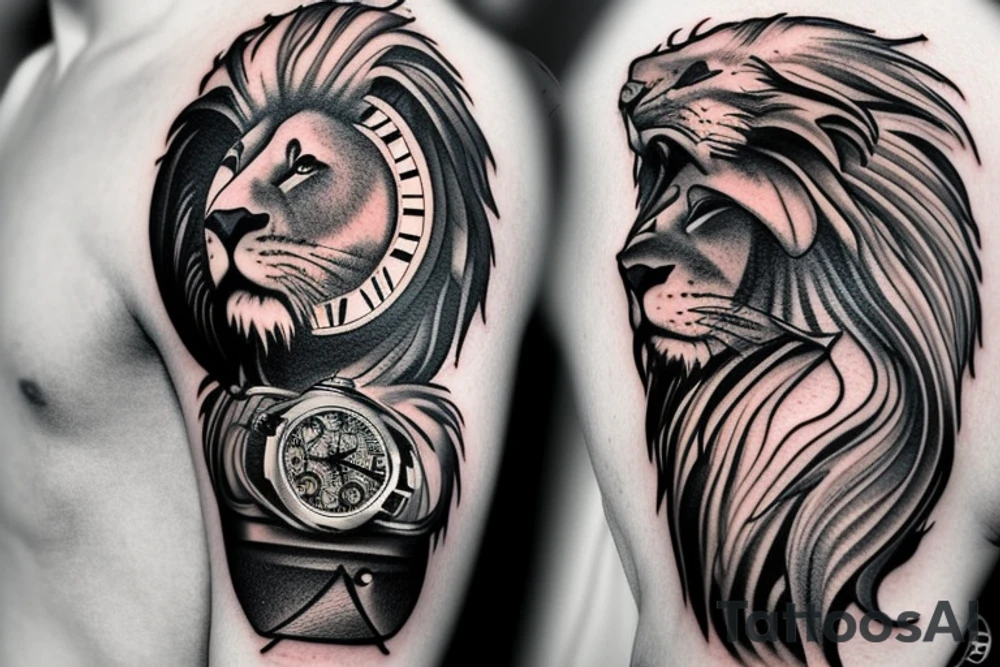Lion and sail ship with watch and cloud for shoulder. tattoo idea Lion and sail ship with watch and cloud for shoulder. tattoo idea
