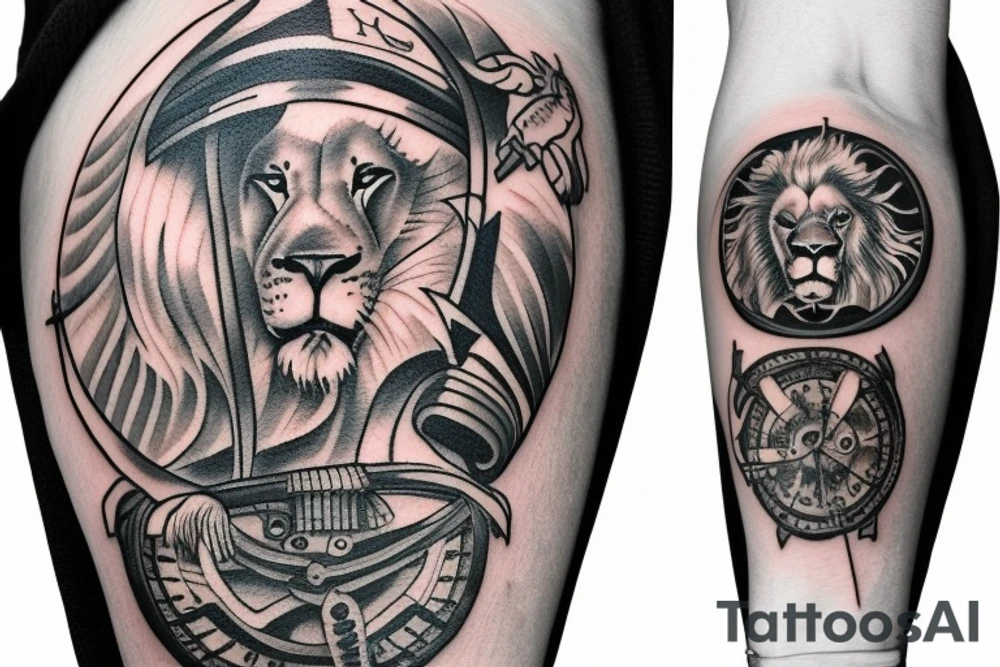 Lion and sail ship with watch and AEIOU initials tattoo idea