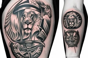 Lion and sail ship with watch and AEIOU initials tattoo idea