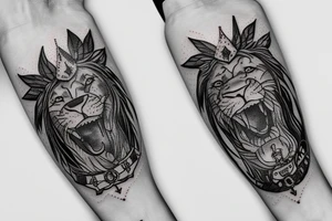 Lion and sail ship with watch and AEIOU initials tattoo idea