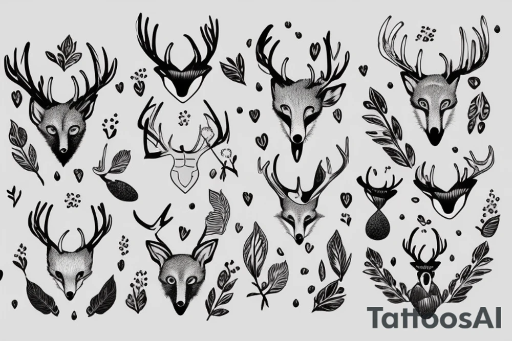 fox with antlers, victorian ornaments background tattoo idea