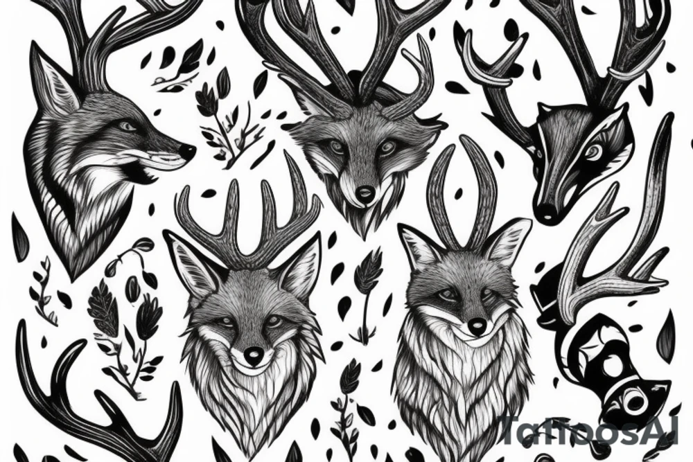fox with antlers. full body animal. attack position tattoo idea fox with antlers. full body animal. attack position tattoo idea