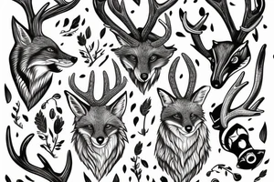 fox with antlers. full body animal. attack position tattoo idea