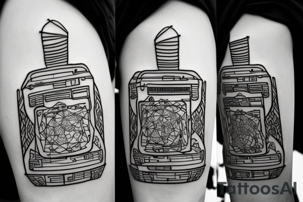 black and white tattoo featuring a guitar silhouette with simple line work, and added elements such as a cassette tape or a microphone, both in black and white tattoo idea