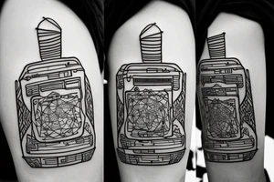 black and white tattoo featuring a guitar silhouette with simple line work, and added elements such as a cassette tape or a microphone, both in black and white tattoo idea