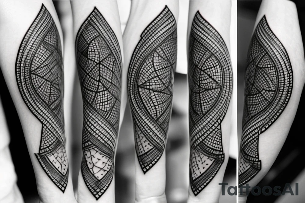 black and white tattoo featuring a guitar silhouette with simple line work, and added elements such as a cassette tape or a microphone, both in black and white tattoo idea