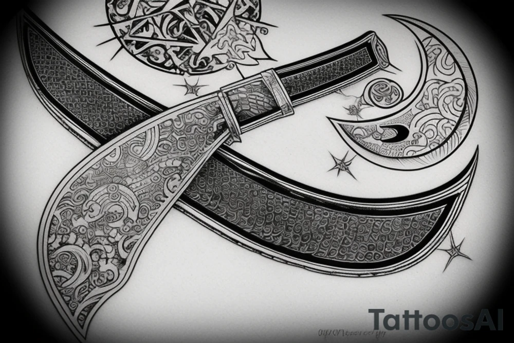 ornate katana piercing the moon tattoo idea