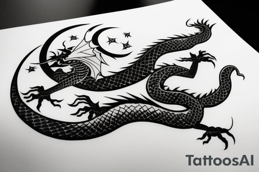 Elegant dragon wrapped around the moon piercing it with a katana tattoo idea