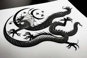 Elegant dragon wrapped around the moon piercing it with a katana tattoo idea